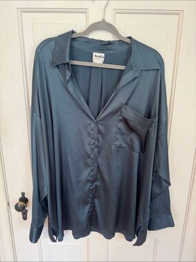 ARULA Steel Blue Satin Button-Front Blouse